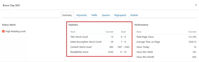 Pestaña de resumen del complemento Bruce Clay SEO WP.