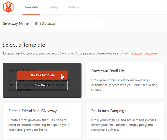 Wählen Sie die klassische Giveaway-Vorlage, um mit der Erstellung Ihres Gewinnspiels zu beginnen – RafflePress Choose the Classic Giveaway Template to get started building your contest