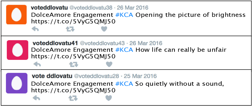 Um exemplo de três tweets de spam correlacionados postados de forma consecutiva por três diferentes - RafflePress when you buy twitter likes spammers could hijack your account