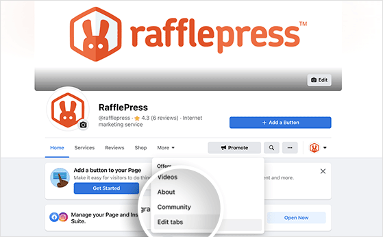 Bearbeiten-Facebook-Tabs - RafflePress edit facebook page tabs