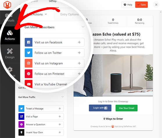 Klik Tindakan untuk memilih metode entri undian Anda - RafflePress Click Actions to choose your raffle entry methods