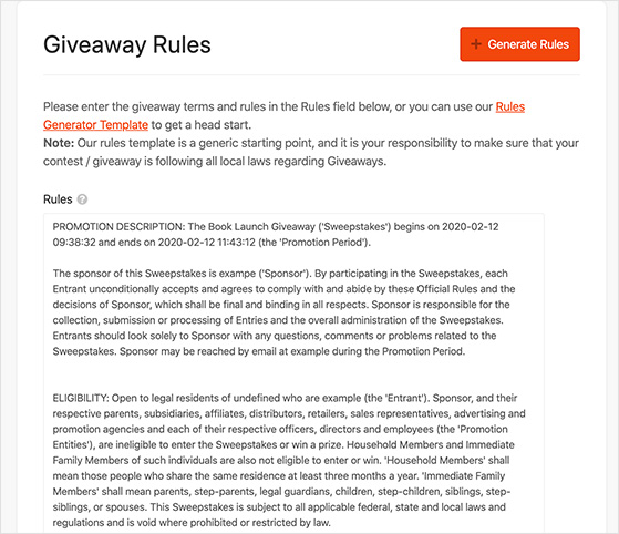 生成規則-RafflePress generated contest rules