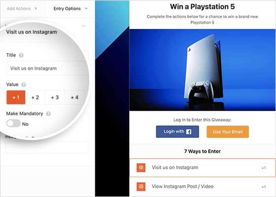 instagram 入口選項-RafflePress instagram giveaway actions