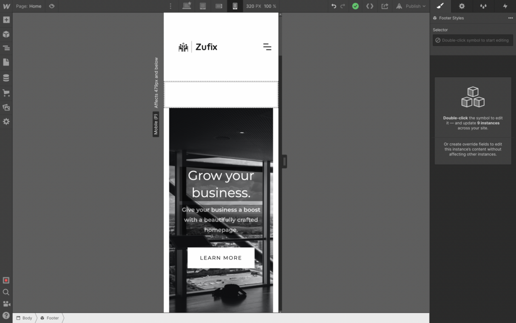 Webflow sitesinin mobil sürümünün önizlemesi