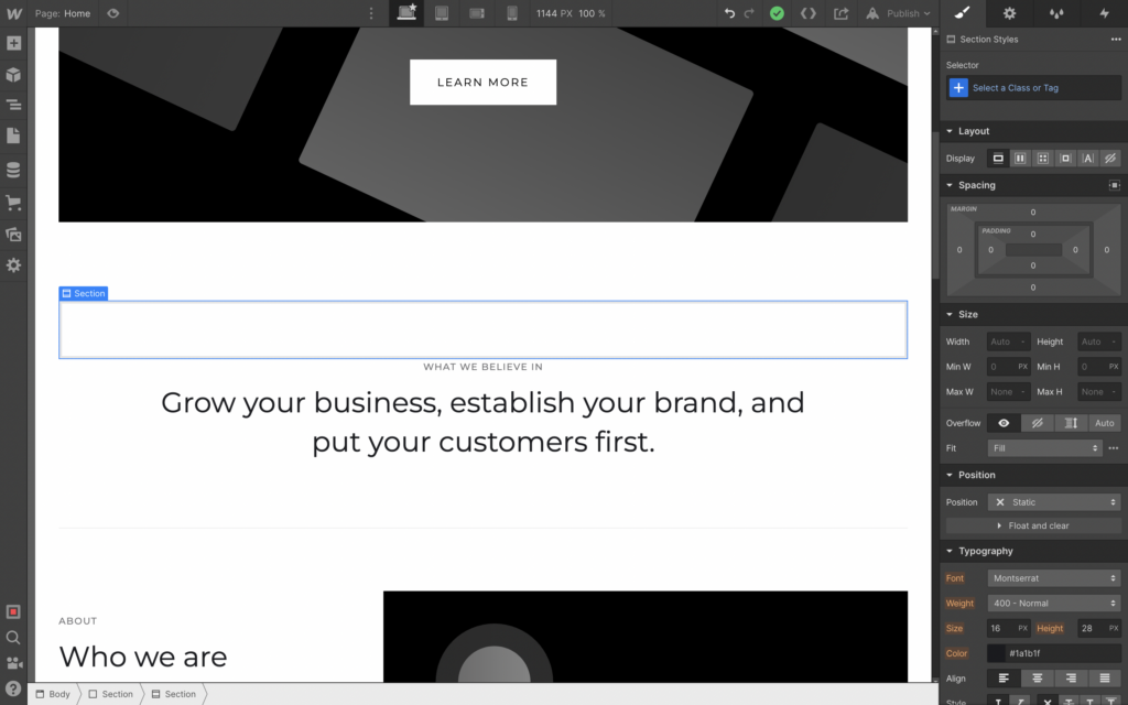Webflow sitesine yeni bir bölüm ekleme