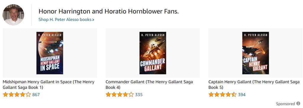 Captura de tela de um anúncio de marca patrocinada pela Amazon com foto do autor e três livros