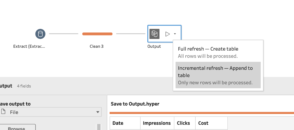 Tableau Prep Supermetrics API、出力関数、インクリメンタルリフレッシュ—テーブル選択に追加
