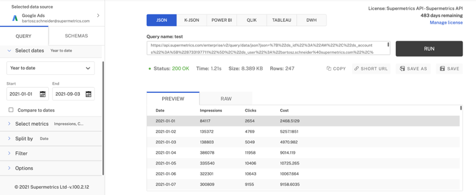 Tableau Prep Supermetrics API、jsonクエリプレビュー