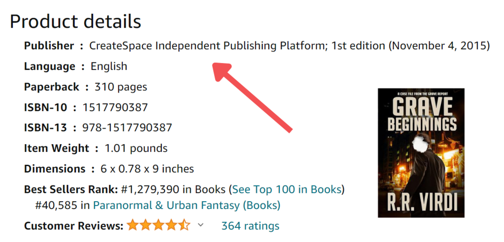 R.R.VirdiのGraveBeginningsのAmazonの説明のスクリーンショットは、CreateSpaceが発行者として指定されていることを示しています。