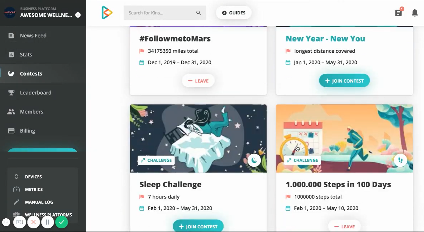 Ein Screenshot, der mehrere verschiedene Fitness-Herausforderungen in der inKin-Mitarbeiter-Wellness-Software zeigt