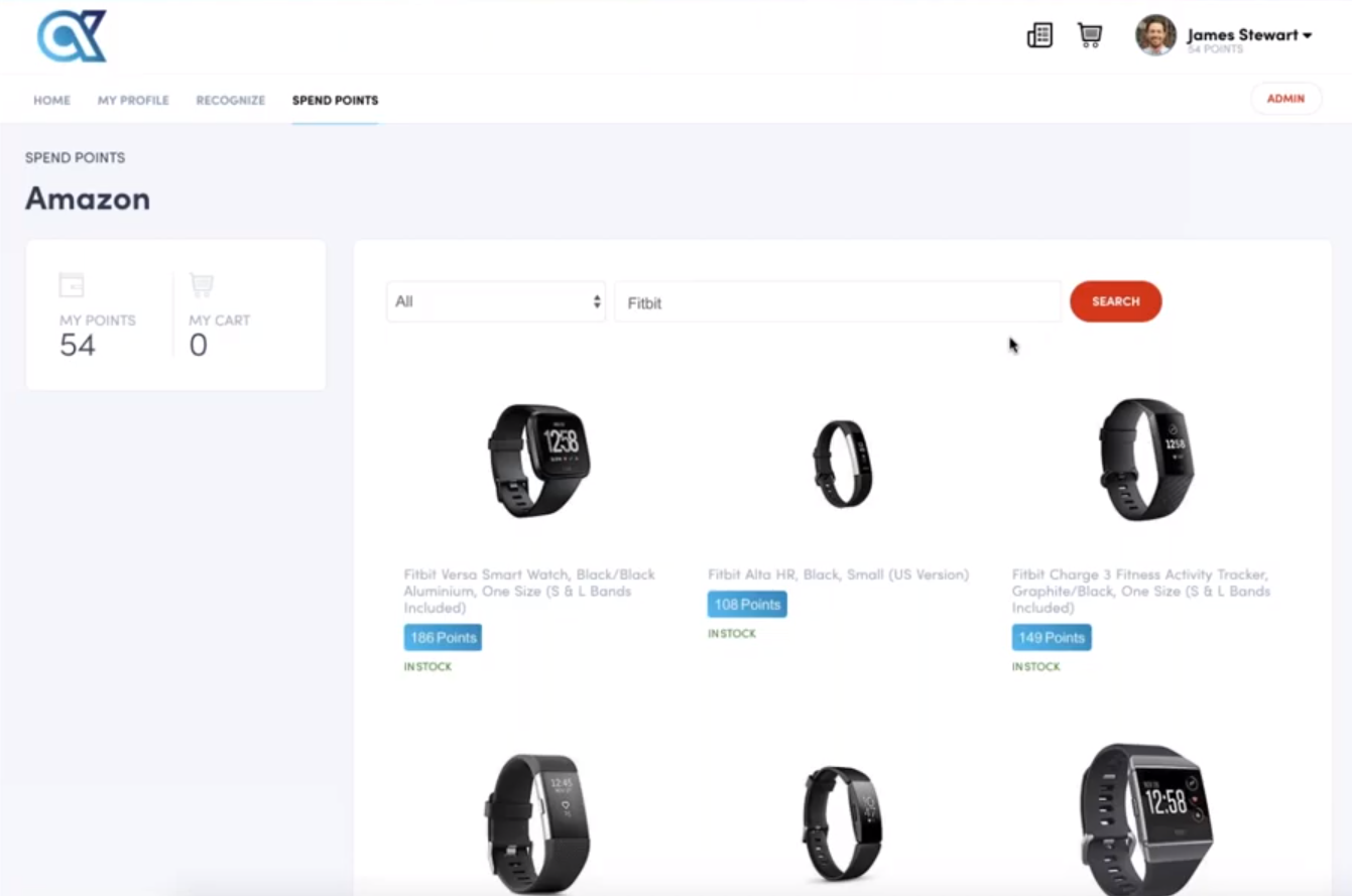 Ein Screenshot eines Benutzers, der eine Fitnessuhr mit Prämienpunkten in der Mitarbeiter-Wellness-Software von Awardco auswählt