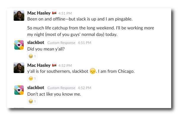 Când slackbot a sugerat să mă adresez echipei ca „voi toți” – m-am plâns