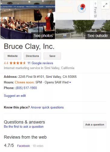 Bruce Clay、Incのナレッジグラフボックス。
