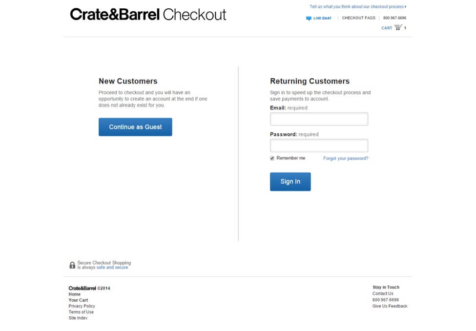 przyjazna dla klienta strona kasy „Create & Barrel”