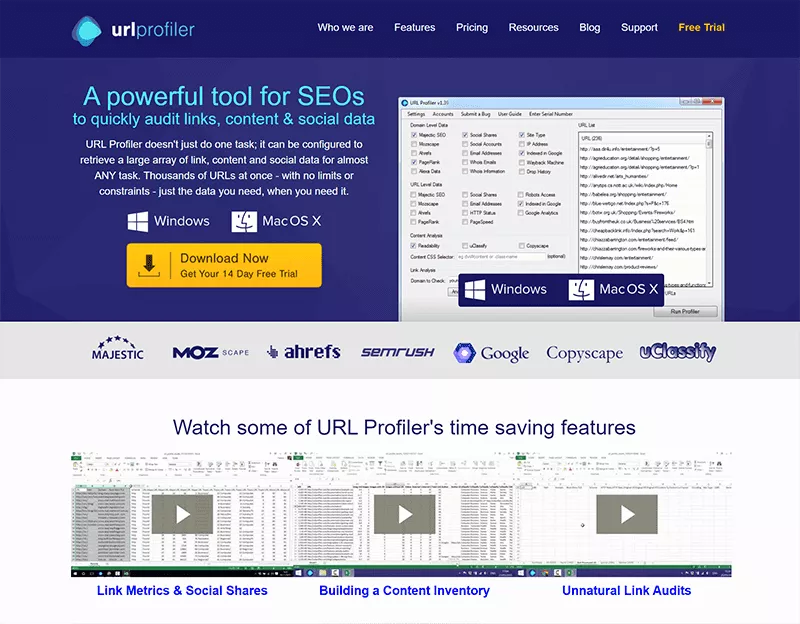 Screenshot della home page di URLProfiler.