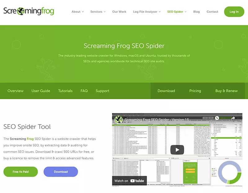 Screenshot della homepage di Screaming Frog.
