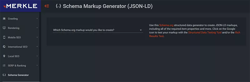Schermata della home page di Schema Markup Generator (JSON-LD).