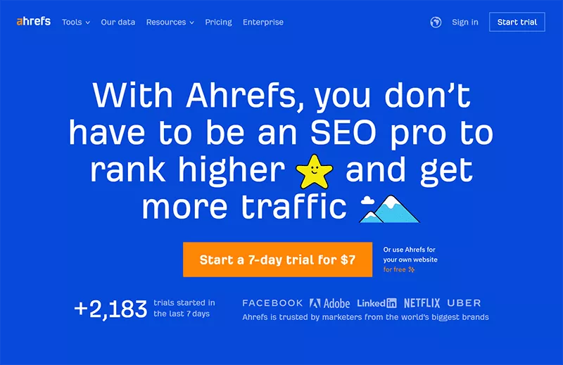 Screenshot della homepage di Ahrefs.