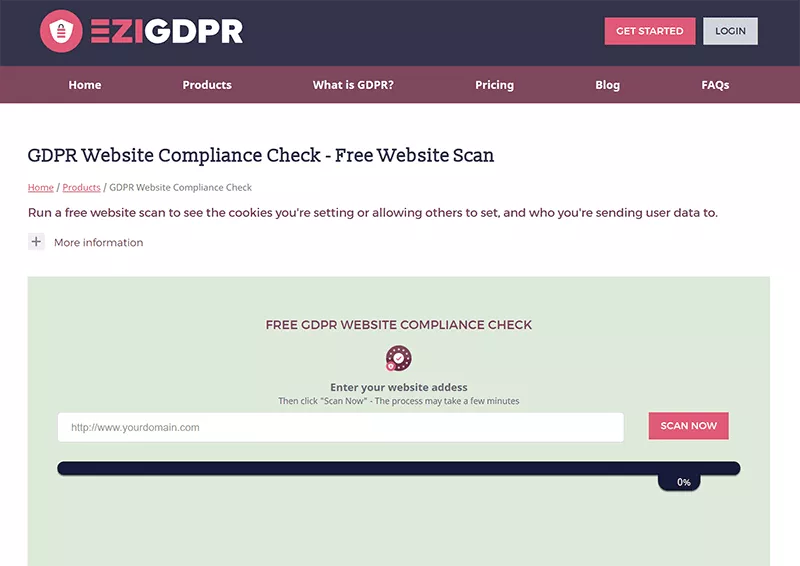 Schermata della home page del controllo della conformità del sito Web GDPR.