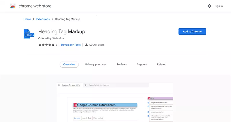 Screenshot dell'estensione di markup del tag di intestazione.