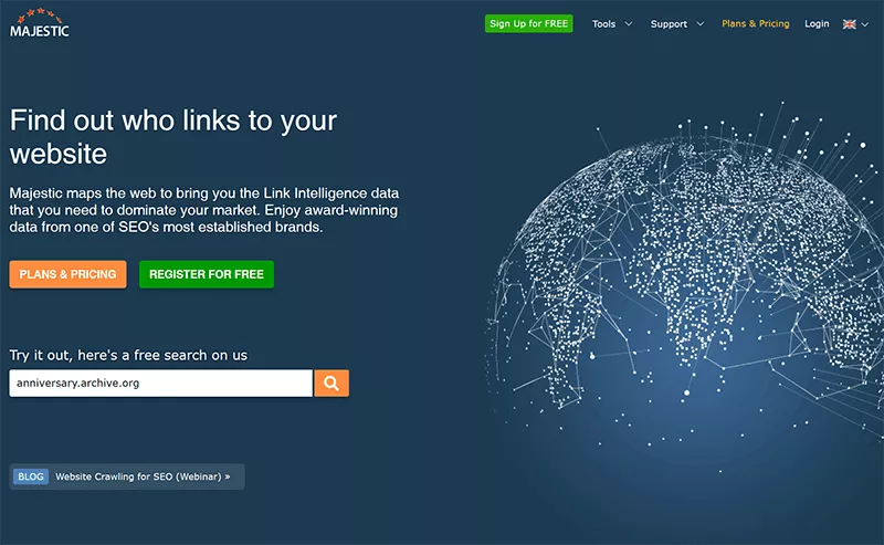 Screenshot della homepage di Majestic.
