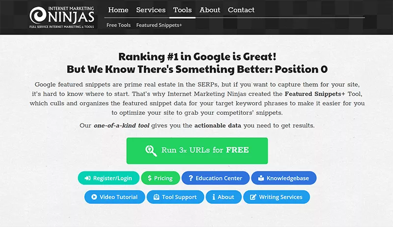 Screenshot dello strumento Featured Snippets+ di Internet Marketing Ninjas.