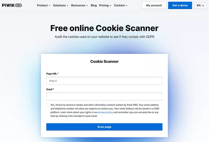 Screenshot della homepage di Piwik Pro Cookie Scanner.