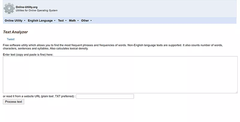 Screenshot della home page di Text Analyzer.
